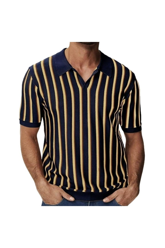 Men's Knit Shirts Fashion Casual Lapel Striped Tops Classic Slim Fit Golf Tee Streetwear Summer Clothes M-XXXL