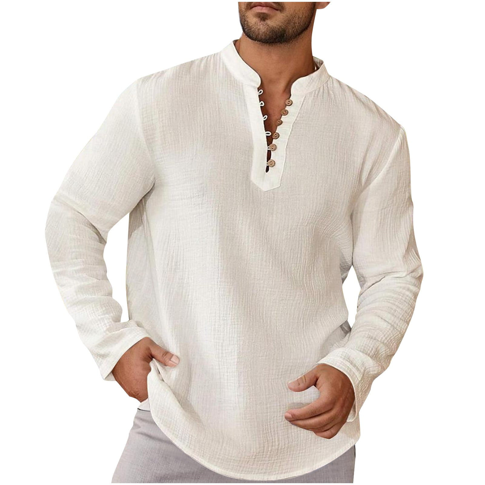 biudgviw Men's Linen Shirts Long Sleeve Casual Henley T-Shirts ...