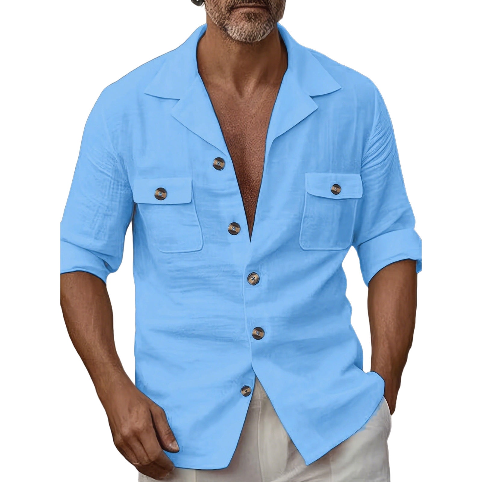 biudgviw Men's Linen Shirts Rolled Up Long Sleeve Shirt Fashion Casual ...