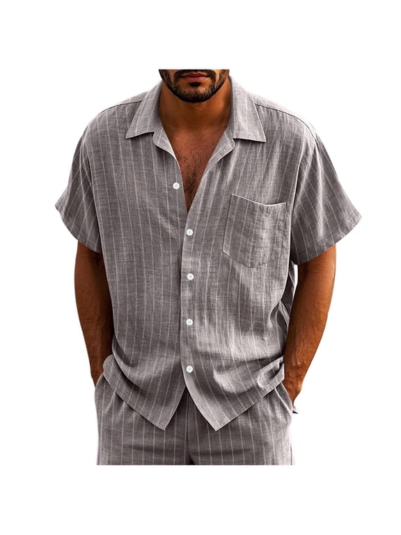 Men's Linen Shirts Striped Short Sleeve T Shirt Lapel Button Down Casual Cotton Top with Pocket for Summer Beach Vacation
