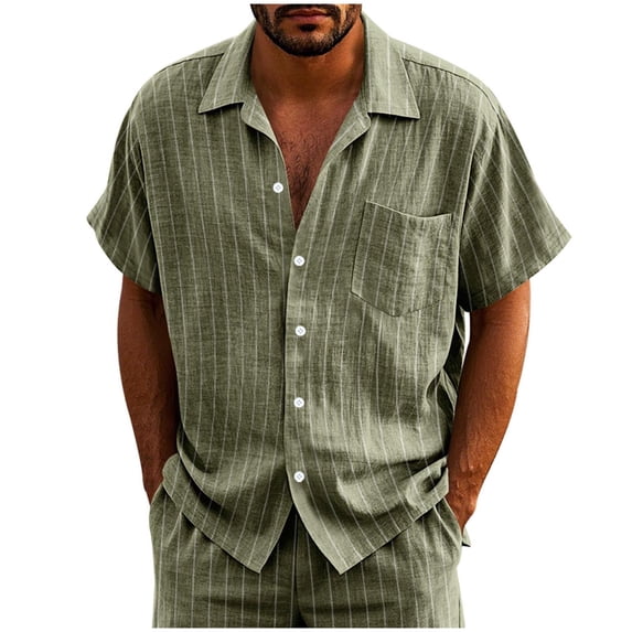 biudgviw Men's Linen Shirts Striped Short Sleeve T Shirt Lapel Button Down Casual Cotton Top with Pocket for Summer Beach Vacation