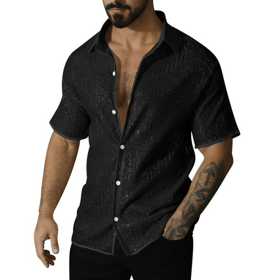 biudgviw Men's Sequins Shirts Lapel Button Down Club Party Tops Vintage Casual Short Sleeve Glitter T Shirt Trendy Outfits