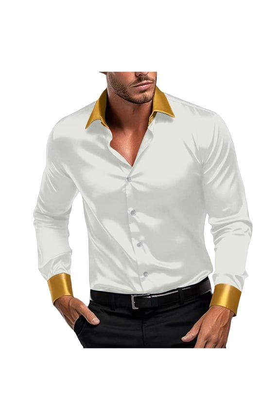 Men's Silk Satin Dress Shirts Vintage Lapel Long Sleeve Tops Color Block Casual Button Down Shirts for Party Club