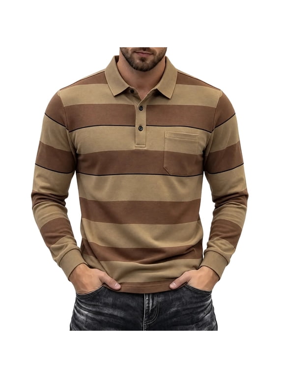 Men's Striped Shirts Casual Stylish Collared Tops Loose Long Sleeve Button Tshirt with Pocket Fall Clothes(Khaki,Medium)