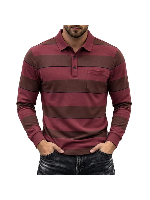 Men's Striped Shirts Casual Stylish Collared Tops Loose Long Sleeve Button Tshirt with Pocket Fall Clothes(Wine,Small)