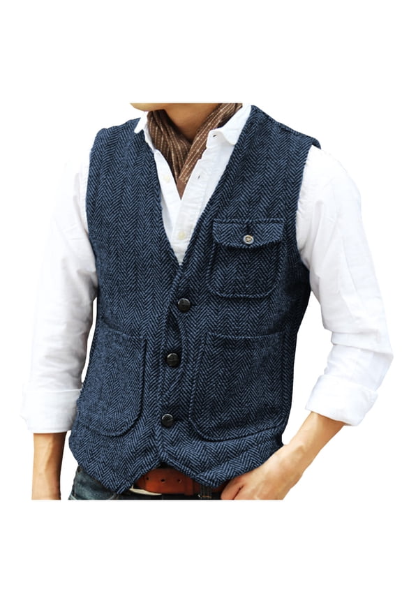 Men's Suit Vest Tweed V Neck Waistcoat Business Formal Button Sleeveless Jacket for Wedding Party with Pockets