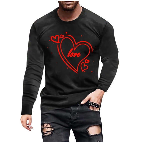 biudgviw Men's Valentines Day Shirt Heart Print Soft Crewneck Graphic Tops Casual Long Sleeve Workout Fitness Tee Festival Outfits