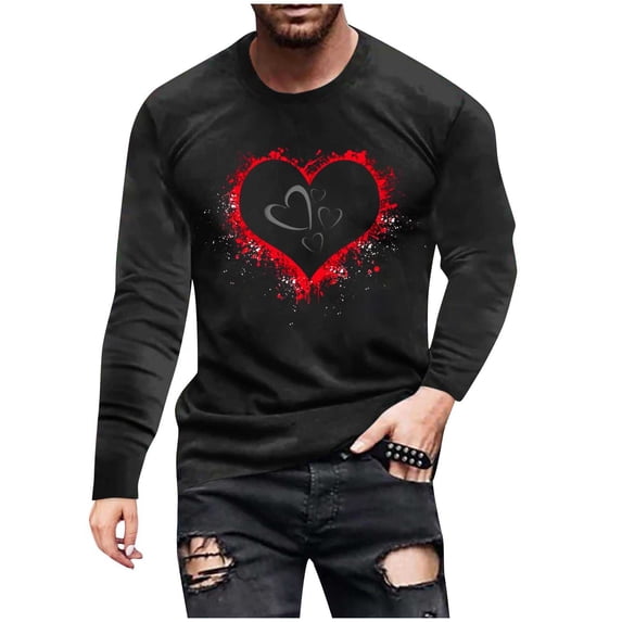 biudgviw Men's Valentines Day Shirt Heart Print Soft Crewneck Graphic Tops Casual Long Sleeve Workout Fitness Tee Festival Outfits