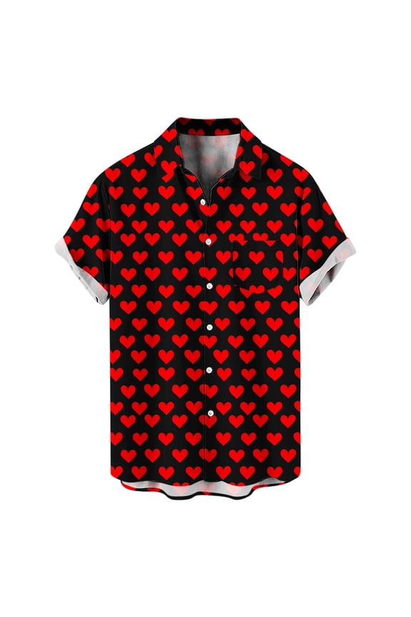 Men's Valentines Day Shirt Lapel Button Down Graphic Tees Fitness Muscle Short Sleeve Top Heart Print Festival Outfits with Pocket
