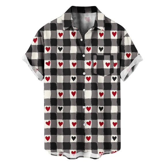 biudgviw Men's Valentines Day Shirt Lapel Button Down Graphic Tees Fitness Muscle Short Sleeve Top Heart Print Festival Outfits with Pocket