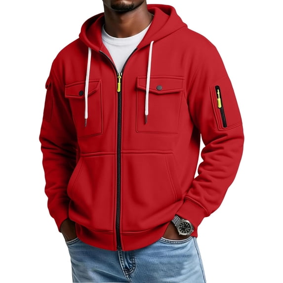biudgviw Men's Zip Up Hoodie Drawstring Stylish Casual Pullover Long Sleeved Hooded Sweatshirt with Multi Pockets for Outdoor(Red,X-Large)