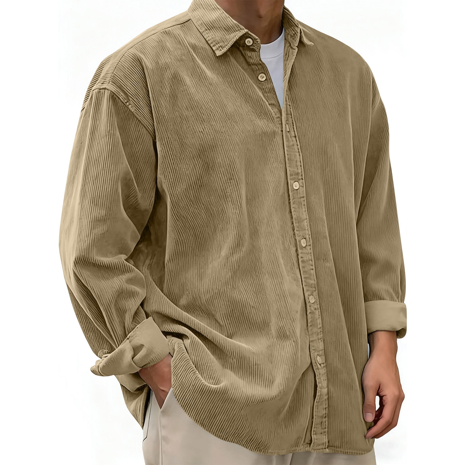 biudgviw Mens Corduroy Shirt Casual Rolled Up Long Sleeve Shacket ...