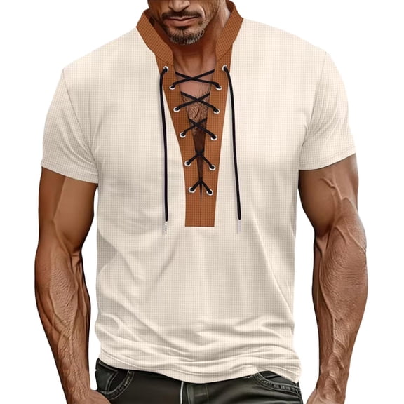 biudgviw Mens Renaissance Shirt Summer Drawstring Casual Short Sleeve Knit Tops Color Block V Neck Vintage T-Shirts S-XXXL