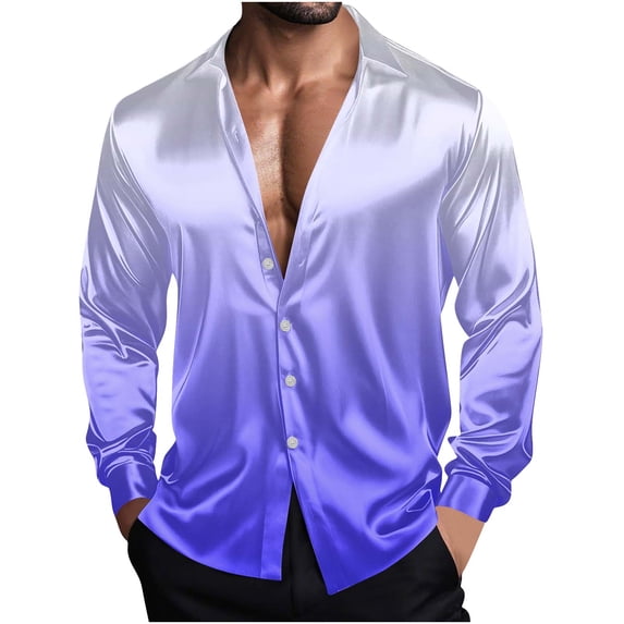 biudgviw Mens Silk Satin Dress Shirts Gradient Print Long Sleeve Lightweight Tops Vintage Casual Lapel Button Down Shirt for Party Club