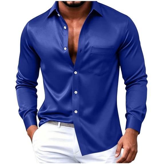 biudgviw Mens Silk Satin Dress Shirts Long Sleeve Button Down Shirts Formal Fit Collared Tops with Pocket for Prom Party Wedding(Dark Blue aa2,Small)