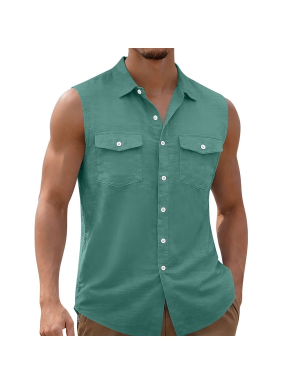 Mens Sleeveless Button Down Shirts Breathable Casual Stylish Collared Tops Summer Beach Basic Tanks with Pockets