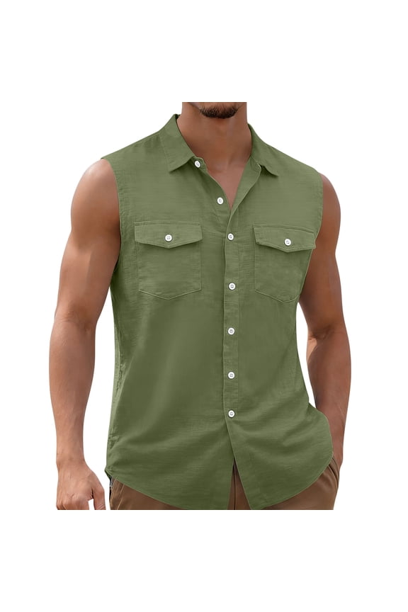 Mens Sleeveless Button Down Shirts Breathable Casual Stylish Collared Tops Summer Beach Basic Tanks with Pockets