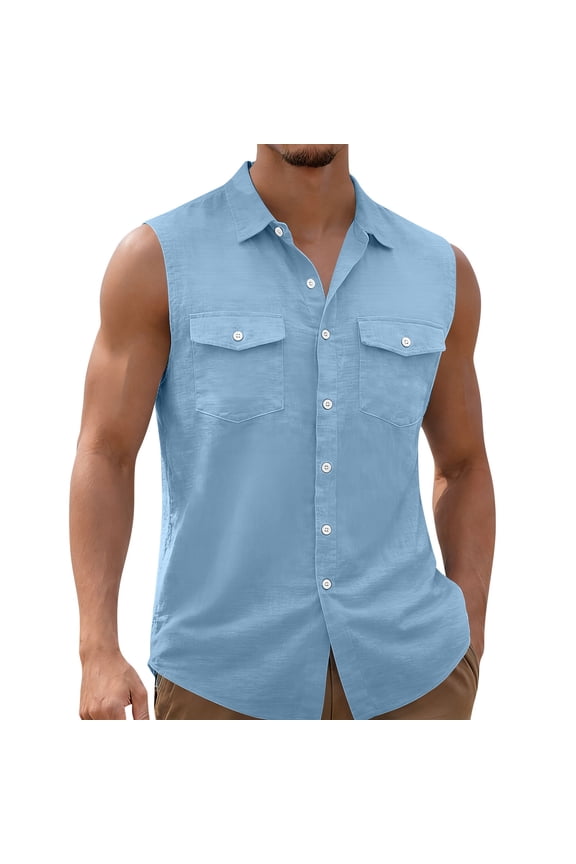 Mens Sleeveless Button Down Shirts Breathable Casual Stylish Collared Tops Summer Beach Basic Tanks with Pockets