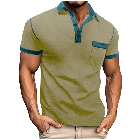 biudgviw Mens T-Shirts Color Block Lapel Short Sleeve Tee Tops Casual Slim Fit Muscle Shirts with Pocket Summer Clothes