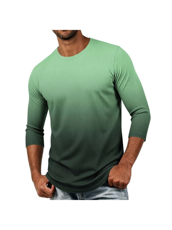 Mens T-Shirts Fashion Gradient 3/4 Sleeve Pullover Tops Casual Ribbed Knit Round Neck Top for Everyday Wear(Green,Large)