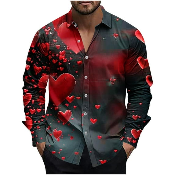 biudgviw Mens Valentines Shirt Long Sleeve Casual Button Down Shirt Festival Heart Printed Graphic Lightweight Top S-XXL