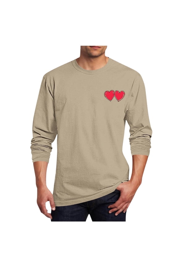 Mens Valentines Shirt Rolled Up Long Sleeve Tops Fashion Heart Print Crewneck Graphic Tees for Workout Athletic