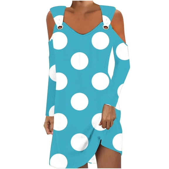 biudgviw Mini Dresses for Women Fashion Printed V Neck Cold Shoulder Fall Dress Baggy Long Sleeve Beach Sundress