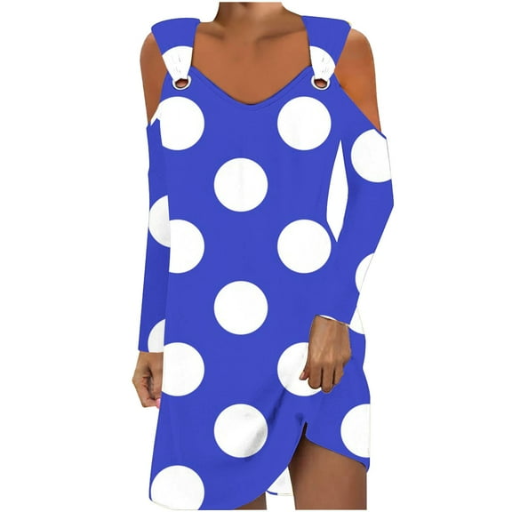 biudgviw Mini Dresses for Women Fashion Printed V Neck Cold Shoulder Fall Dress Baggy Long Sleeve Beach Sundress