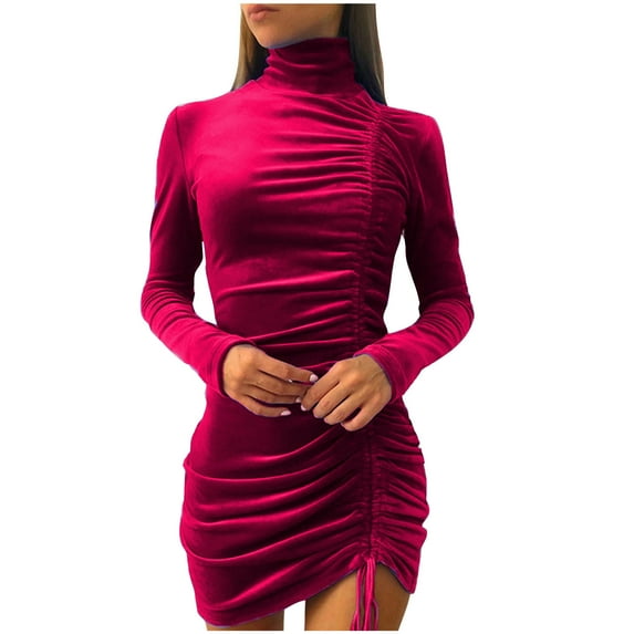 biudgviw Mini Dresses for Women Velvet Soft Ruched Long Sleeve Winter Dress Fashion High Neck Comfy Bodycon Dress