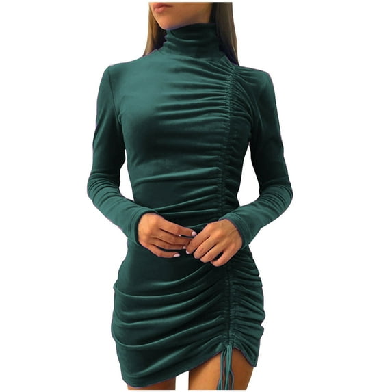 biudgviw Mini Dresses for Women Velvet Soft Ruched Long Sleeve Winter Dress Fashion High Neck Comfy Bodycon Dress