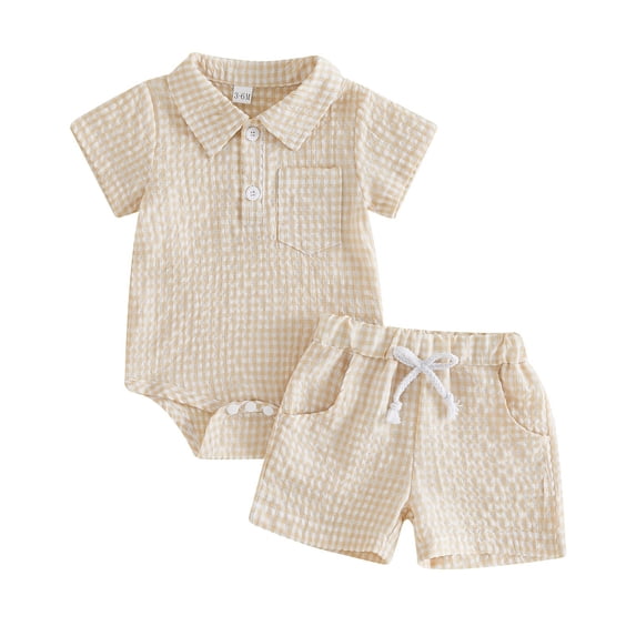 biudgviw Newborn Baby Boy Outfit Buttons Lapel Short Sleeve Onesies Infant Plaid Bodysuit and Shorts Casual Clothing Sets(Beige,6-12 Months)