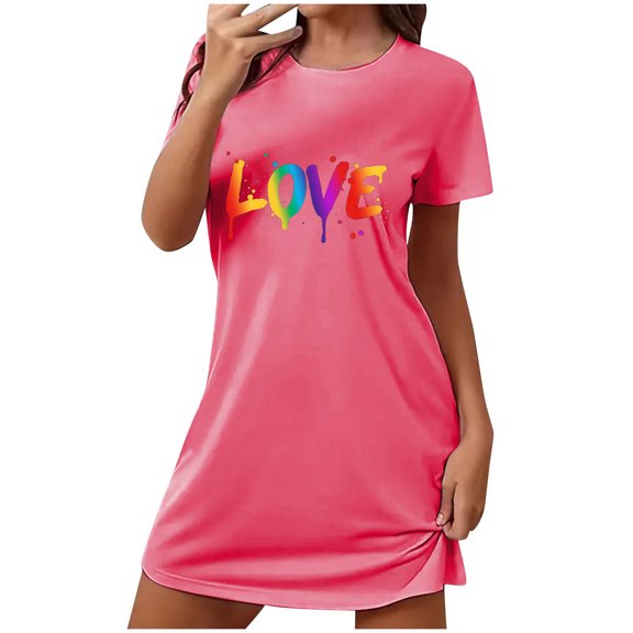 biudgviw Nightgowns for Women Valentines Heart Print Sleepwear Casual Short Sleeve Nightdress Comfy Soft Pajama Dress Festival Outfits