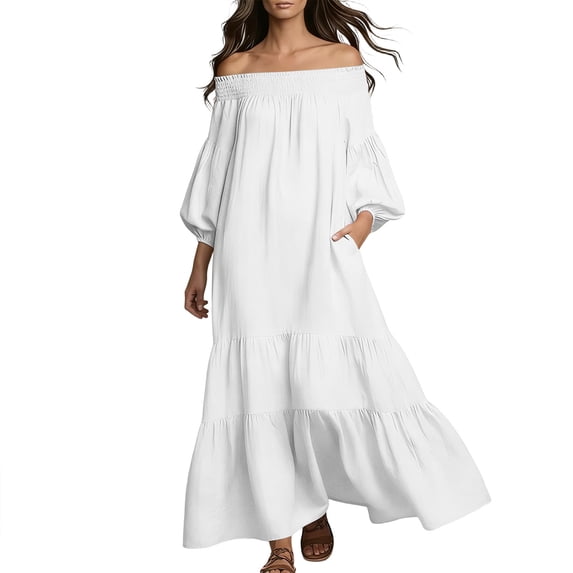 biudgviw Off Shoulder Dresses for Women Ruffle 3/4 Sleeve Maxi Dress Loose Flowy Tiered Casual Dress with Pockets Travel Outfits