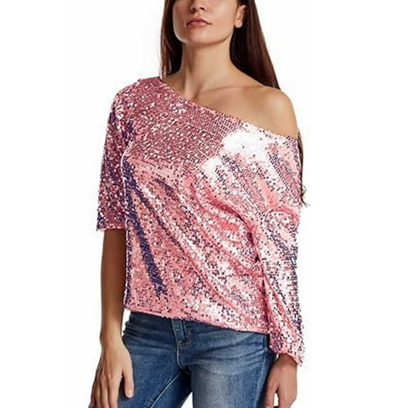 biudgviw One Shoulder Tops for Women Sequin Sparkly Glitter 3/4 Sleeve Blouses Casual Loose Trendy Shirts Night Out Party Club Outfits