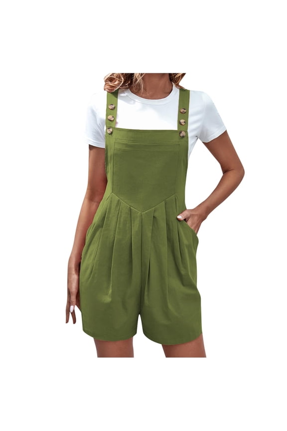 Overalls for Women One Piece Bib Shortalls Rompers Square Neck Sleeveless Pleated Wide Leg Short Jumpsuits with Pockets