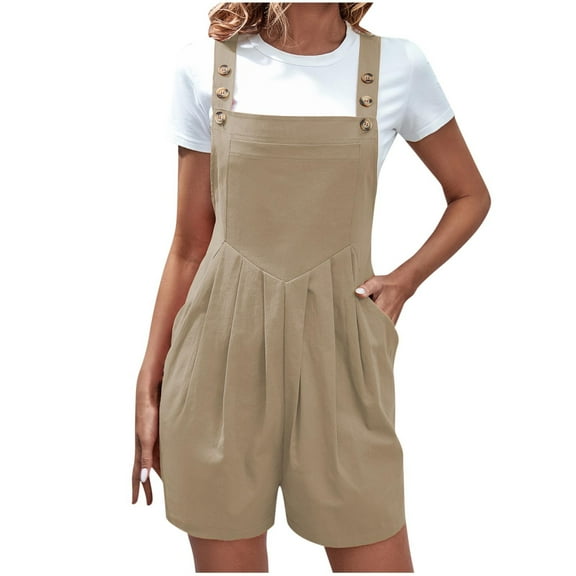 biudgviw Overalls for Women One Piece Bib Shortalls Rompers Square Neck Sleeveless Pleated Wide Leg Short Jumpsuits with Pockets