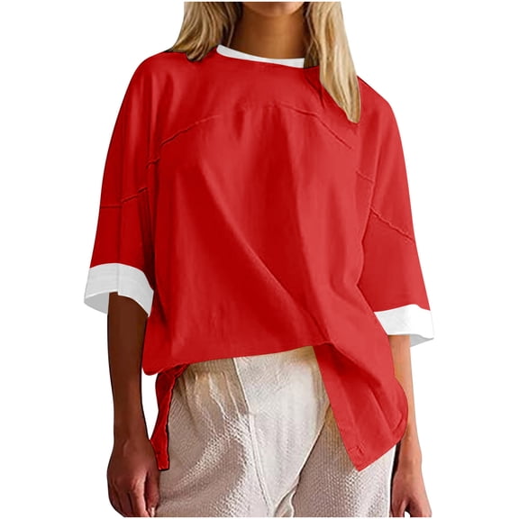 biudgviw Oversized Tshirts for Women Crew Neck Patchwork Side Silt Tops Half Sleeve Solid Color Tee Casual Summer Outfits