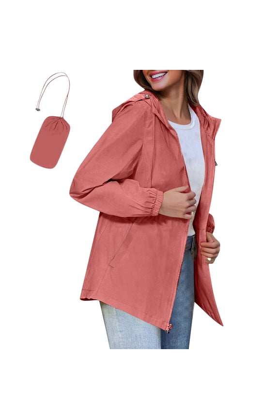 Packable Rain Jacket for Women Zip Up Hooded Windbreaker Drawstring Waterproof for Running Hiking with Pockets