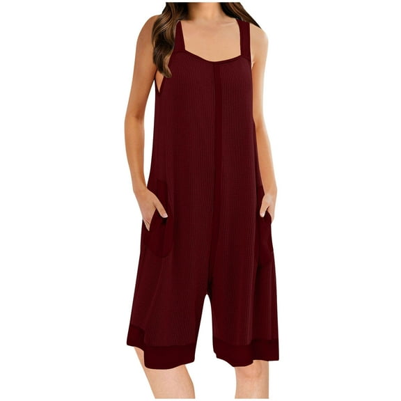 biudgviw Pajama Jumpsuits for Women Square Neck Strap Tank Top Sleep Shorts Rompers One Piece Loose Fit Wide Leg Pj Sets with Pockets