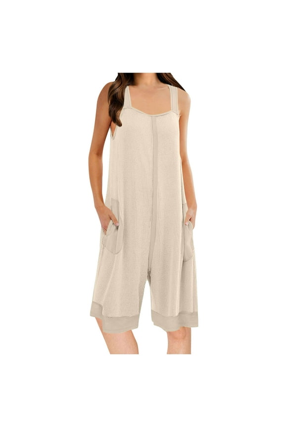 Pajama Jumpsuits for Women Square Neck Strap Tank Top Sleep Shorts Rompers One Piece Loose Fit Wide Leg Pj Sets with Pockets