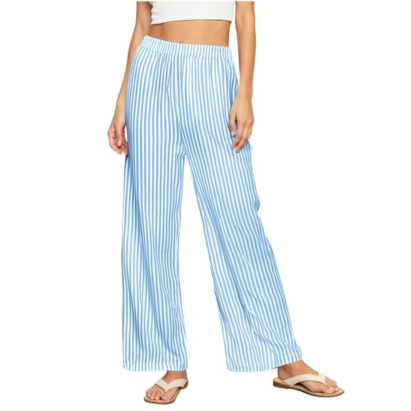 biudgviw Pajama Pants for Women Striped Wide Leg Pants for Sleep Elastic High Waisted Beach Pants Summer Casual Clothes