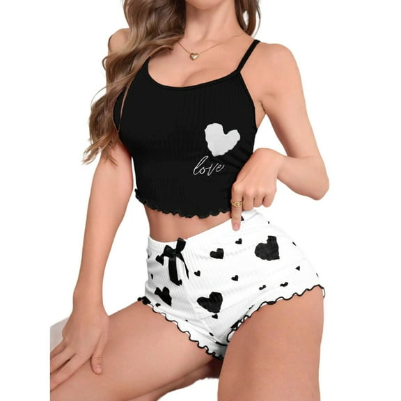 biudgviw Pajama Sets for Women 2 Piece Heart Print Sleeveless Sleepwear Lightweight Slim Fit Tank Crop Tops with Shorts Loungewear Set