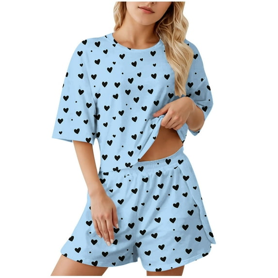 biudgviw Pajama Sets for Women 2 Piece Print Short Sleeve Loungewear Comfy Soft Crew Neck T-Shirts with Elastic Waist Shorts Sleepwear Set