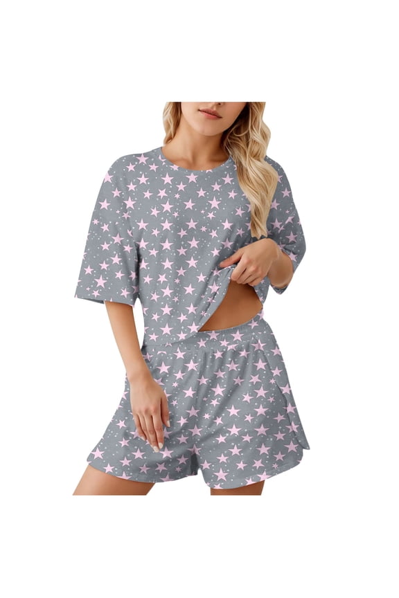 Pajama Sets for Women 2 Piece Print Short Sleeve Loungewear Comfy Soft Crew Neck T-Shirts with Elastic Waist Shorts Sleepwear Set