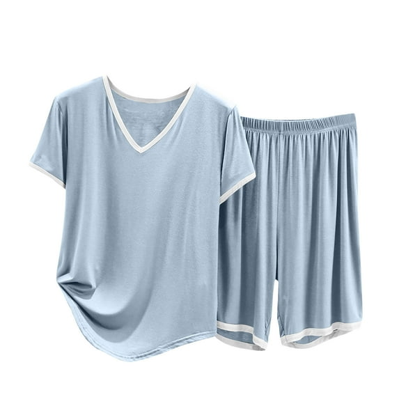biudgviw Pajama Sets for Women Loose Short Sleeve V Neck Color Block Shirts Baggy Comfy Shorts 2 Piece Pjs Sleepwear Sets