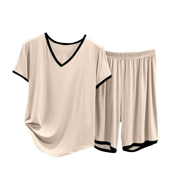 biudgviw Pajama Sets for Women Loose Short Sleeve V Neck Color Block Shirts Baggy Comfy Shorts 2 Piece Pjs Sleepwear Sets