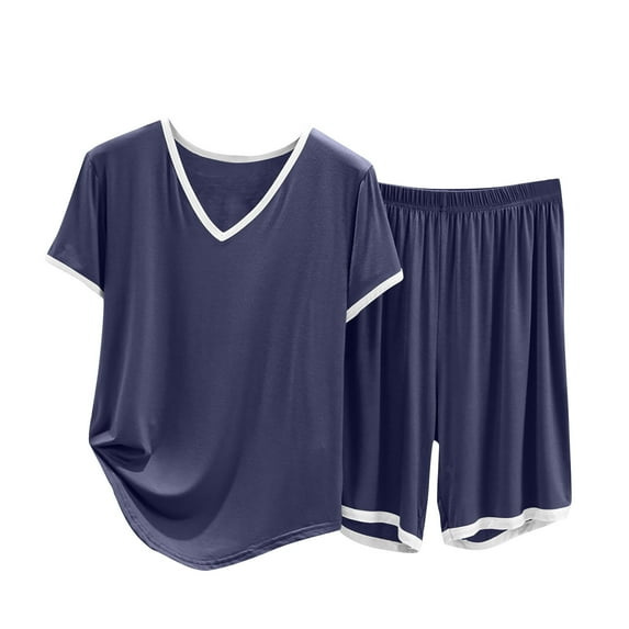 biudgviw Pajama Sets for Women Loose Short Sleeve V Neck Color Block Shirts Baggy Comfy Shorts 2 Piece Pjs Sleepwear Sets
