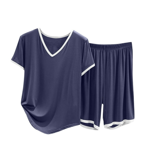 biudgviw Pajama Sets for Women Loose Short Sleeve V Neck Color Block Shirts Baggy Comfy Shorts 2 Piece Pjs Sleepwear Sets