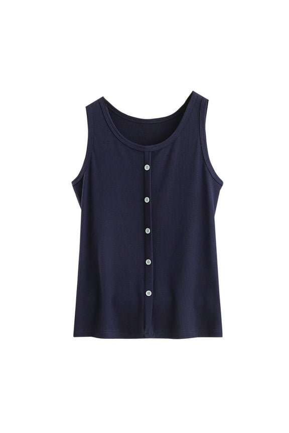 Pajama Tank Top for Women Casual Crew Neck Sleep Shirt Sleeveless Button Sleepwear Pj Tee Soft Summer Loungewear Blouse