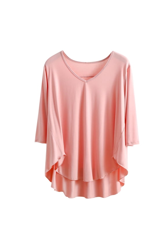 Pajama Tops for Women V Neck 3/4 Sleeves Sleep Shirts Oversized Casual Comfy Soft Irregular Hem Sleepwear